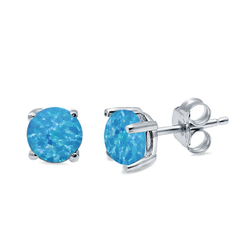 Round Solitaire Stud Earrings Lab Created Blue Opal 925 Sterling Silver 7mm